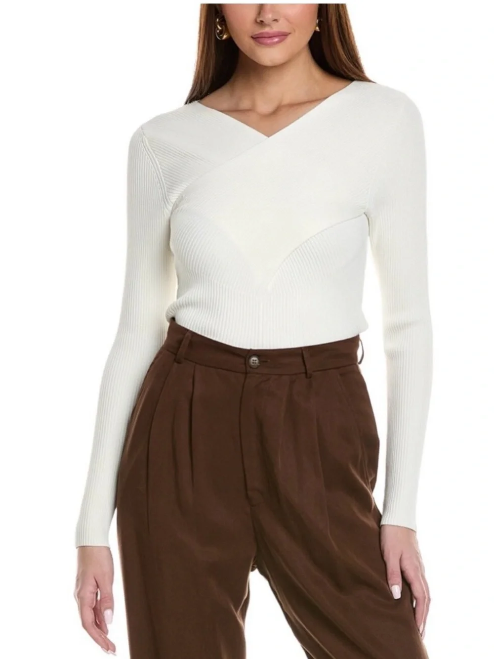 Reiss Heidi Cream Ribbed Long Sleeve Wrap-Front Top - Picture 2 of 8